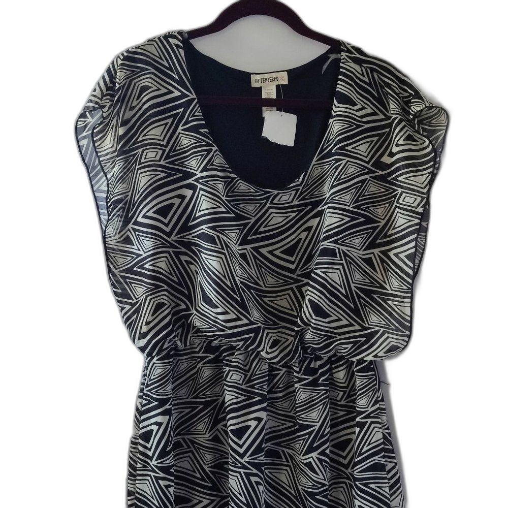 Hot Tempered Womens XL‎ Black White Geometric Print Blouson Dress 3SC672AM NWT